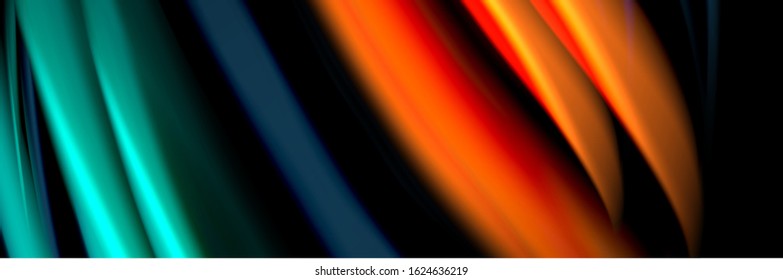 Silk and smooth flow wave poster design. Color waves, liquid style lines and shapes in black color background. Vector Illustration For Wallpaper, Banner, Background, Card, Book, Illustration, landing