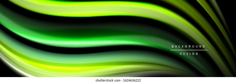 Diseño de afiches de ondas de flujo suave y seda. Olas de color, líneas de estilo líquido y formas de fondo de color negro. Ilustración vectorial para papel de escritorio, pancarta, fondo, tarjeta, libro, ilustración, aterrizaje