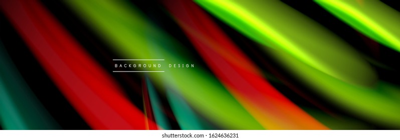 Silk and smooth flow wave poster design. Color waves, liquid style lines and shapes in black color background. Vector Illustration For Wallpaper, Banner, Background, Card, Book, Illustration, landing