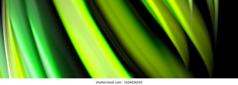 Silk and smooth flow wave poster design. Color waves, liquid style lines and shapes in black color background. Vector Illustration For Wallpaper, Banner, Background, Card, Book, Illustration, landing