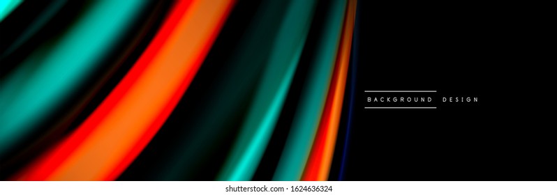 Silk and smooth flow wave poster design. Color waves, liquid style lines and shapes in black color background. Vector Illustration For Wallpaper, Banner, Background, Card, Book, Illustration, landing