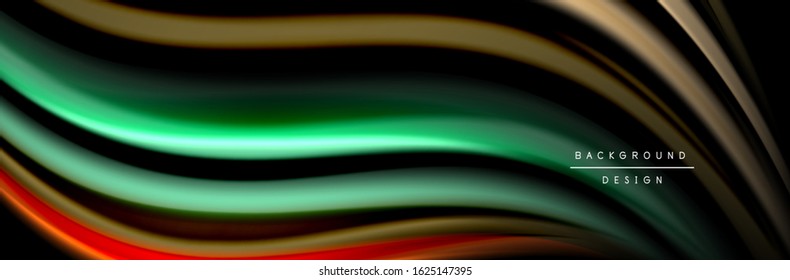 Silk and smooth flow wave poster design. Color waves, liquid style lines and shapes in black color background. Vector Illustration For Wallpaper, Banner, Background, Card, Book, Illustration, landing