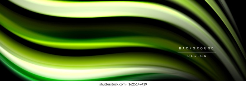 Silk and smooth flow wave poster design. Color waves, liquid style lines and shapes in black color background. Vector Illustration For Wallpaper, Banner, Background, Card, Book, Illustration, landing