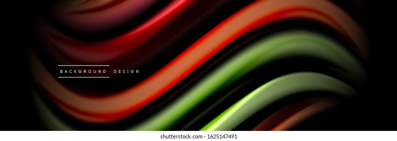 Silk and smooth flow wave poster design. Color waves, liquid style lines and shapes in black color background. Vector Illustration For Wallpaper, Banner, Background, Card, Book, Illustration, landing