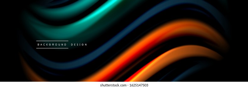 Diseño de afiches de ondas de flujo suave y seda. Olas de color, líneas de estilo líquido y formas de fondo de color negro. Ilustración vectorial para papel de escritorio, pancarta, fondo, tarjeta, libro, ilustración, aterrizaje