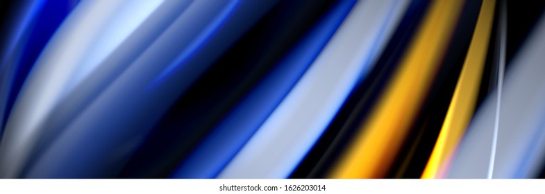 Silk and smooth flow wave poster design. Color waves, liquid style lines and shapes in black color background. Vector Illustration 
