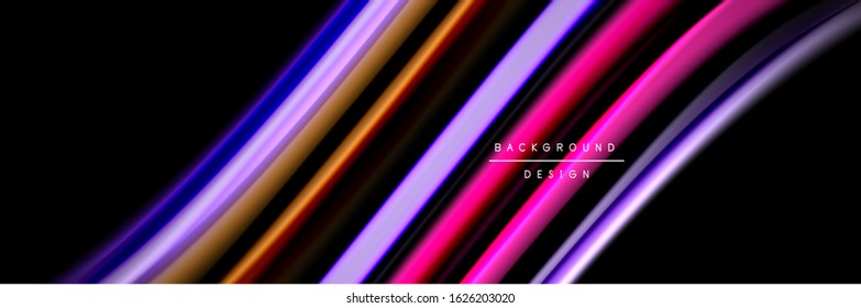 Diseño de afiches de ondas de flujo suave y seda. Olas de color, líneas de estilo líquido y formas de fondo de color negro. Ilustración vectorial 