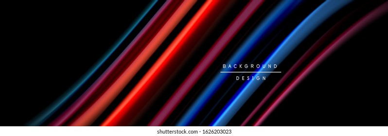 Silk and smooth flow wave poster design. Color waves, liquid style lines and shapes in black color background. Vector Illustration 