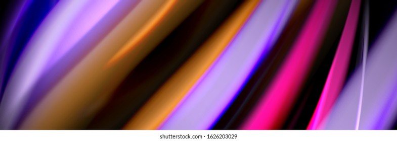 Silk and smooth flow wave poster design. Color waves, liquid style lines and shapes in black color background. Vector Illustration 