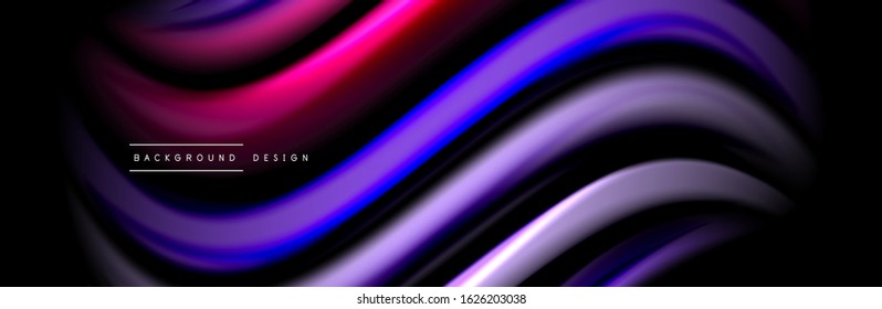 Silk and smooth flow wave poster design. Color waves, liquid style lines and shapes in black color background. Vector Illustration  