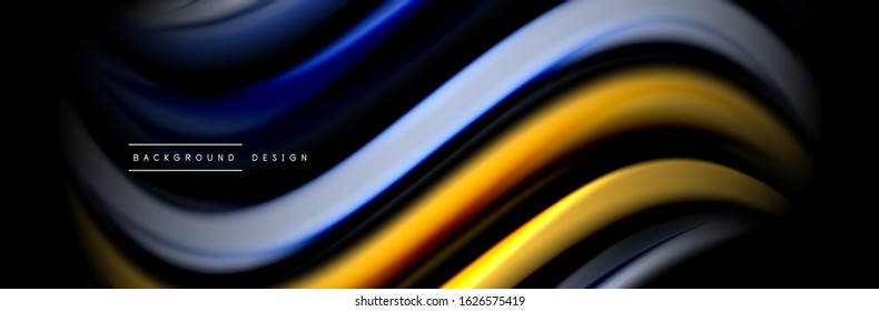 Silk and smooth flow wave poster design. Color waves, liquid style lines and shapes in black color background. Vector Illustration 