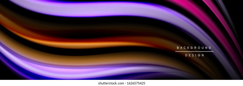 Silk and smooth flow wave poster design. Color waves, liquid style lines and shapes in black color background. Vector Illustration 