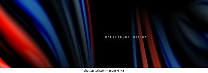 Seide und glatte Strömung Welle Poster Design. Farbwellen, flüssige Linien und Formen auf schwarzem Hintergrund. Vektorgrafik  