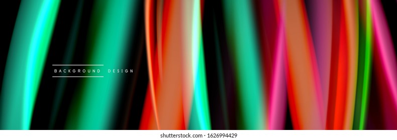 Silk and smooth flow wave poster design. Color waves, liquid style lines and shapes in black color background. Vector Illustration 