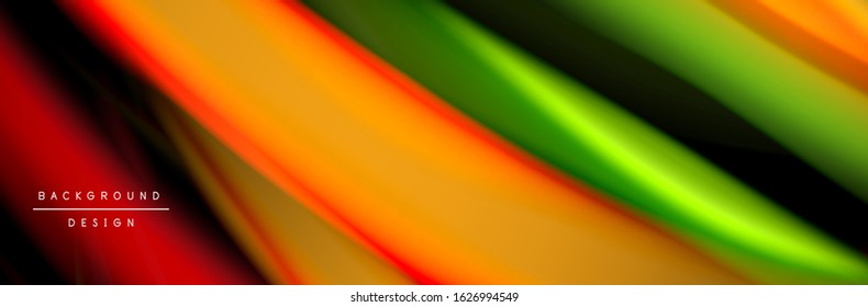 Seide und glatte Strömung Welle Poster Design. Farbwellen, flüssige Linien und Formen auf schwarzem Hintergrund. Vektorgrafik 
