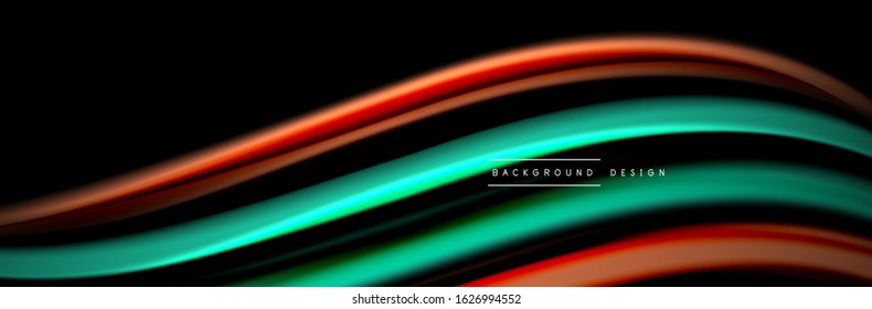 Silk and smooth flow wave poster design. Color waves, liquid style lines and shapes in black color background. Vector Illustration 