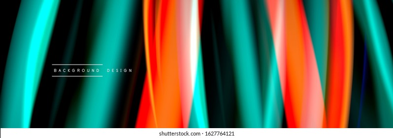 Silk and smooth flow wave poster design. Color waves, liquid style lines and shapes in black color background. Vector Illustration For Wallpaper, Banner, Background, Card, Book, Illustration, landing