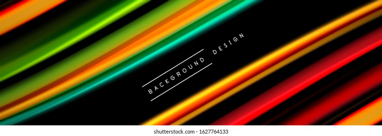 Silk and smooth flow wave poster design. Color waves, liquid style lines and shapes in black color background. Vector Illustration For Wallpaper, Banner, Background, Card, Book, Illustration, landing