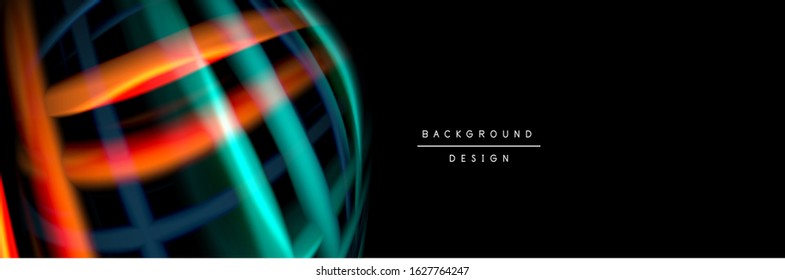 Seide und glatte Strömung Welle Poster Design. Farbwellen, flüssige Linien und Formen auf schwarzem Hintergrund. Vektorgrafik für Bildschirmhintergründe, Banner, Hintergrund, Karte, Buch, Illustration, Landung