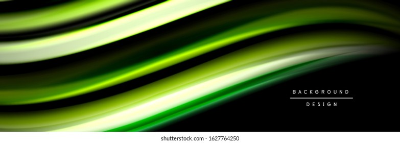 Silk and smooth flow wave poster design. Color waves, liquid style lines and shapes in black color background. Vector Illustration For Wallpaper, Banner, Background, Card, Book, Illustration, landing