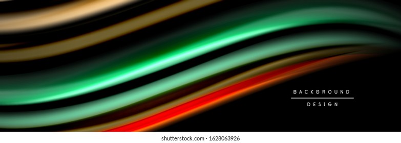 Silk and smooth flow wave poster design. Color waves, liquid style lines and shapes in black color background. Vector Illustration For Wallpaper, Banner, Background, Card, Book, Illustration, landing