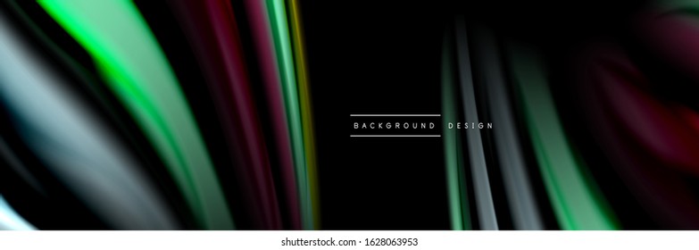 Silk and smooth flow wave poster design. Color waves, liquid style lines and shapes in black color background. Vector Illustration For Wallpaper, Banner, Background, Card, Book, Illustration, landing
