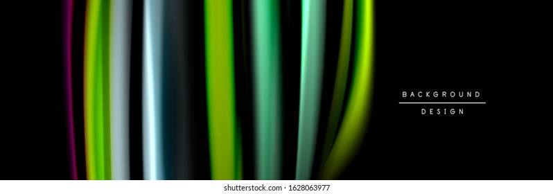 Seide und glatte Strömung Welle Poster Design. Farbwellen, flüssige Linien und Formen auf schwarzem Hintergrund. Vektorgrafik für Bildschirmhintergründe, Banner, Hintergrund, Karte, Buch, Illustration, Landung