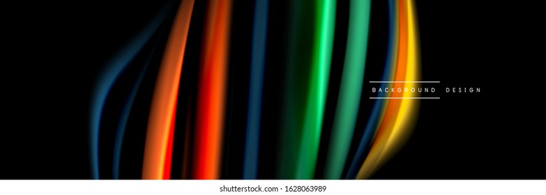 Silk and smooth flow wave poster design. Color waves, liquid style lines and shapes in black color background. Vector Illustration For Wallpaper, Banner, Background, Card, Book, Illustration, landing