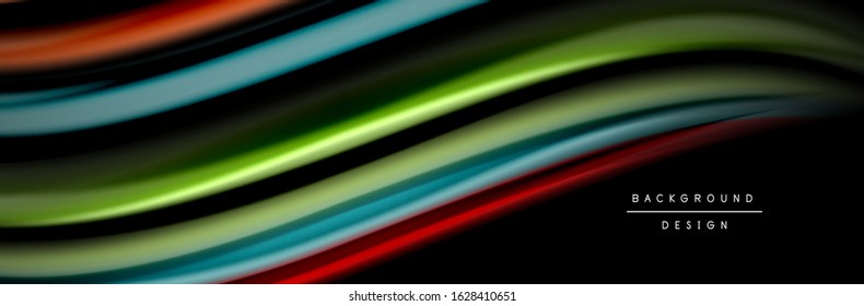 Silk and smooth flow wave poster design. Color waves, liquid style lines and shapes in black color background. Vector Illustration For Wallpaper, Banner, Background, Card, Book, Illustration, landing