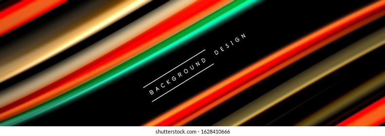 Silk and smooth flow wave poster design. Color waves, liquid style lines and shapes in black color background. Vector Illustration For Wallpaper, Banner, Background, Card, Book, Illustration, landing