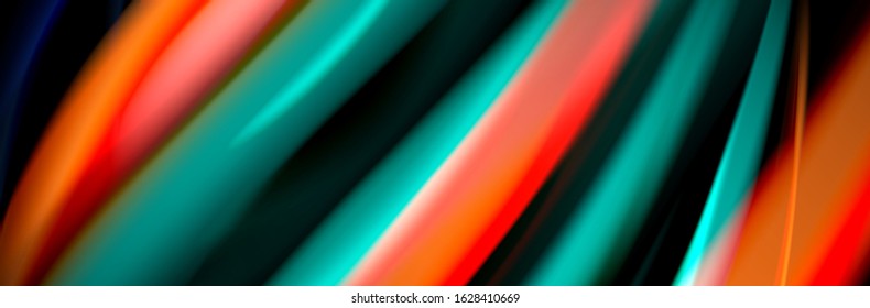 Seide und glatte Strömung Welle Poster Design. Farbwellen, flüssige Linien und Formen auf schwarzem Hintergrund. Vektorgrafik für Bildschirmhintergründe, Banner, Hintergrund, Karte, Buch, Illustration, Landung