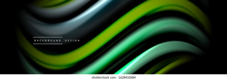 Silk and smooth flow wave poster design. Color waves, liquid style lines and shapes in black color background. Vector Illustration For Wallpaper, Banner, Background, Card, Book, Illustration, landing