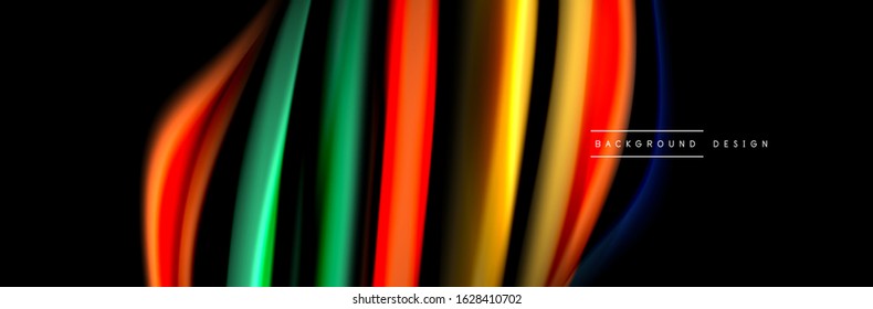Silk and smooth flow wave poster design. Color waves, liquid style lines and shapes in black color background. Vector Illustration For Wallpaper, Banner, Background, Card, Book, Illustration, landing