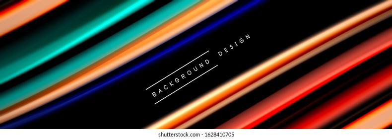Silk and smooth flow wave poster design. Color waves, liquid style lines and shapes in black color background. Vector Illustration For Wallpaper, Banner, Background, Card, Book, Illustration, landing
