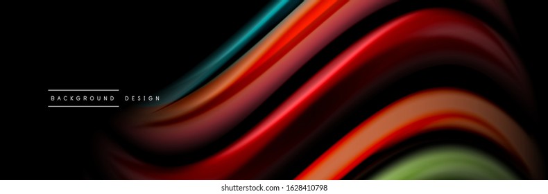 Diseño de afiches de ondas de flujo suave y seda. Olas de color, líneas de estilo líquido y formas de fondo de color negro. Ilustración vectorial para papel de escritorio, pancarta, fondo, tarjeta, libro, ilustración, aterrizaje