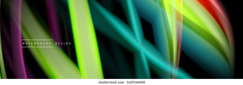 Silk and smooth flow wave poster design. Color waves, liquid style lines and shapes in black color background. Vector Illustration For Wallpaper, Banner, Background, Card, Book, Illustration, landing