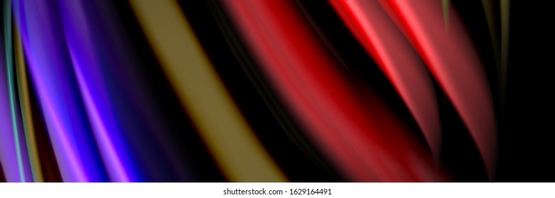 Silk and smooth flow wave poster design. Color waves, liquid style lines and shapes in black color background. Vector Illustration For Wallpaper, Banner, Background, Card, Book, Illustration, landing