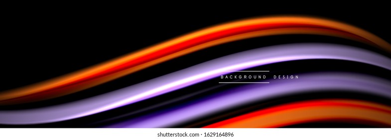 Silk and smooth flow wave poster design. Color waves, liquid style lines and shapes in black color background. Vector Illustration For Wallpaper, Banner, Background, Card, Book, Illustration, landing
