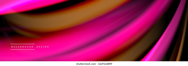 Silk and smooth flow wave poster design. Color waves, liquid style lines and shapes in black color background. Vector Illustration For Wallpaper, Banner, Background, Card, Book, Illustration, landing