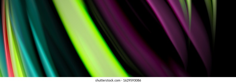 Diseño de afiches de ondas de flujo suave y seda. Olas de color, líneas de estilo líquido y formas de fondo de color negro. Ilustración vectorial para papel de escritorio, pancarta, fondo, tarjeta, libro, ilustración, aterrizaje