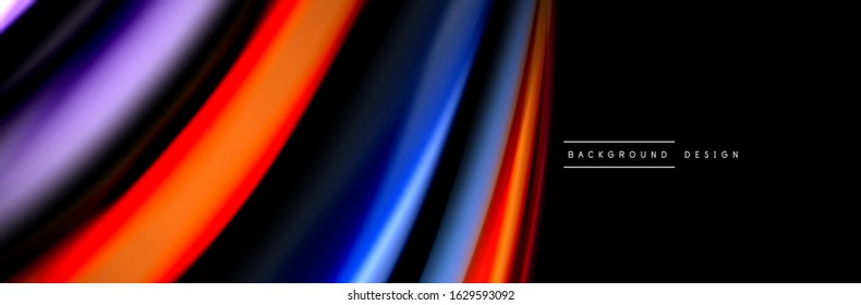 Seide und glatte Strömung Welle Poster Design. Farbwellen, flüssige Linien und Formen auf schwarzem Hintergrund. Vektorgrafik für Bildschirmhintergründe, Banner, Hintergrund, Karte, Buch, Illustration, Landung