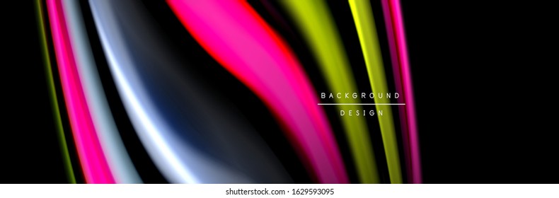 Diseño de afiches de ondas de flujo suave y seda. Olas de color, líneas de estilo líquido y formas de fondo de color negro. Ilustración vectorial para papel de escritorio, pancarta, fondo, tarjeta, libro, ilustración, aterrizaje