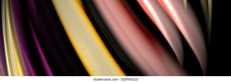 Silk and smooth flow wave poster design. Color waves, liquid style lines and shapes in black color background. Vector Illustration For Wallpaper, Banner, Background, Card, Book, Illustration, landing