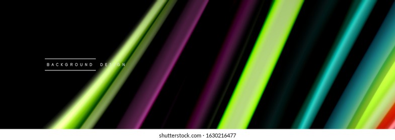 Silk and smooth flow wave poster design. Color waves, liquid style lines and shapes in black color background. Vector Illustration For Wallpaper, Banner, Background, Card, Book, Illustration, landing