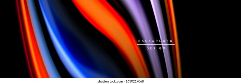 Silk and smooth flow wave poster design. Color waves, liquid style lines and shapes in black color background. Vector Illustration For Wallpaper, Banner, Background, Card, Book, Illustration, landing