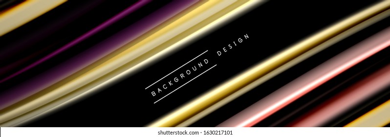 Silk and smooth flow wave poster design. Color waves, liquid style lines and shapes in black color background. Vector Illustration For Wallpaper, Banner, Background, Card, Book, Illustration, landing
