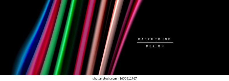 Silk and smooth flow wave poster design. Color waves, liquid style lines and shapes in black color background. Vector Illustration For Wallpaper, Banner, Background, Card, Book, Illustration, landing