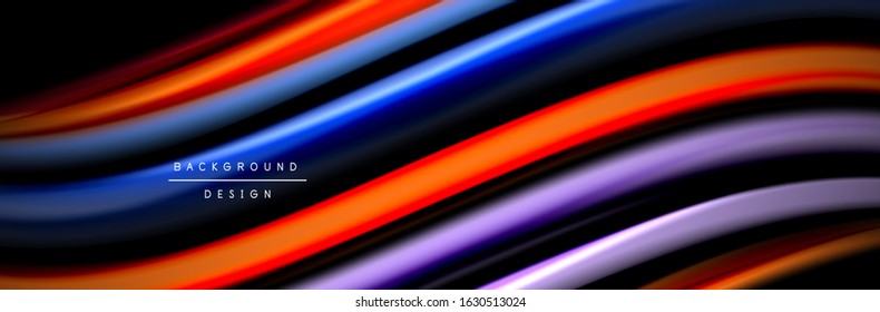 Seide und glatte Strömung Welle Poster Design. Farbwellen, flüssige Linien und Formen auf schwarzem Hintergrund. Vektorgrafik für Bildschirmhintergründe, Banner, Hintergrund, Karte, Buch, Illustration, Landung