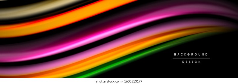 Diseño de afiches de ondas de flujo suave y seda. Olas de color, líneas de estilo líquido y formas de fondo de color negro. Ilustración vectorial para papel de escritorio, pancarta, fondo, tarjeta, libro, ilustración, aterrizaje