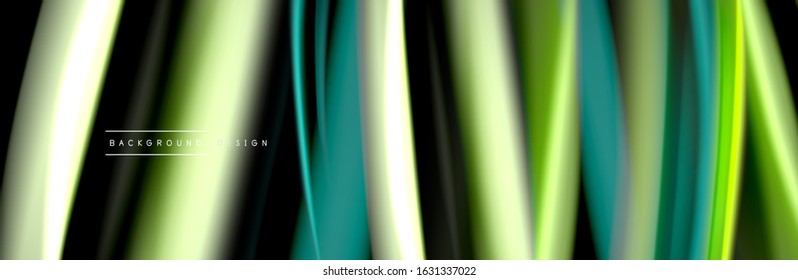 Silk and smooth flow wave poster design. Color waves, liquid style lines and shapes in black color background. Vector Illustration For Wallpaper, Banner, Background, Card, Book, Illustration, landing